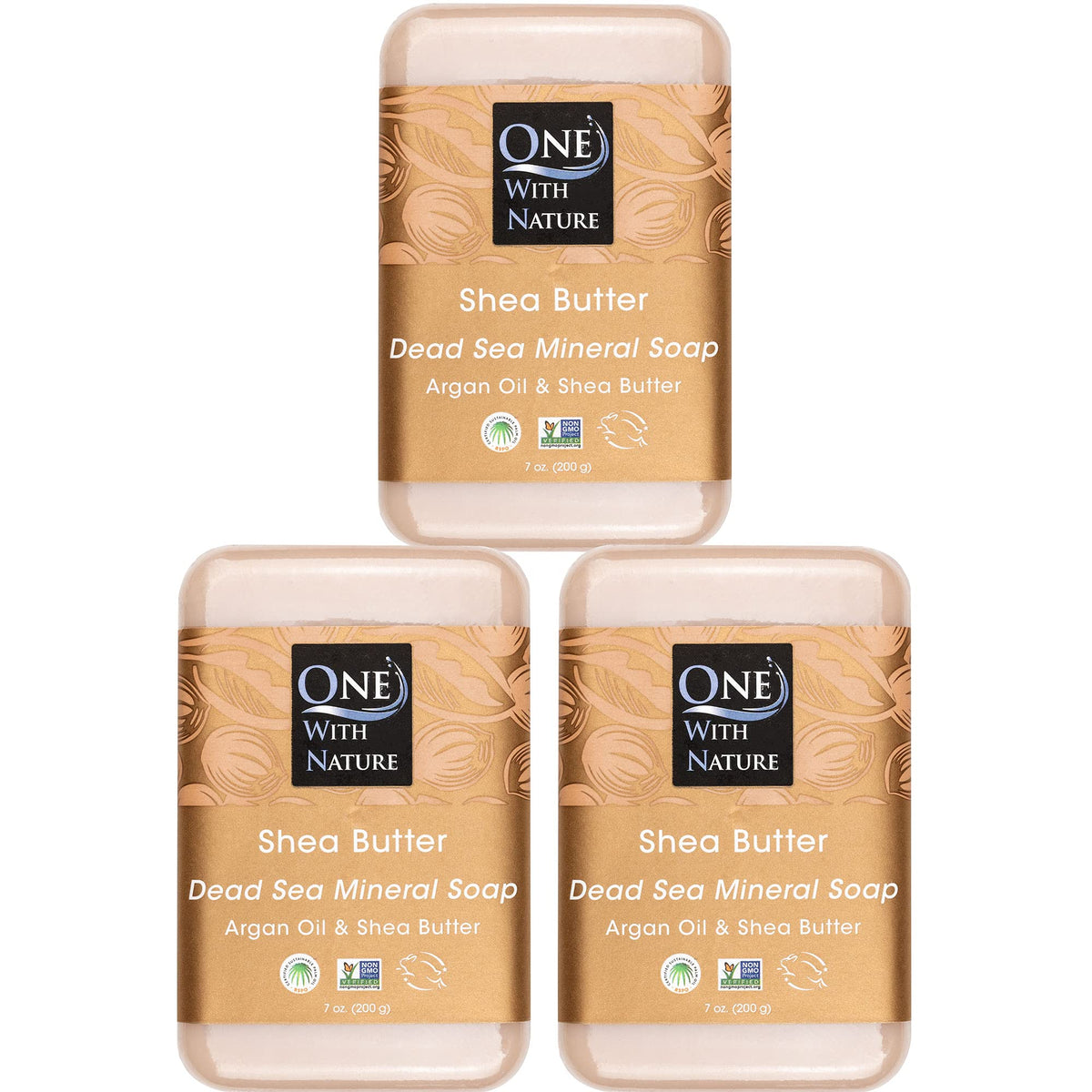 One With Nature soap front packaging showing three 7oz bars and sustainable box benefit