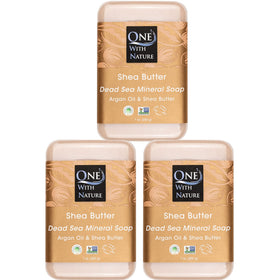 One With Nature soap front packaging showing three 7oz bars and sustainable box benefit