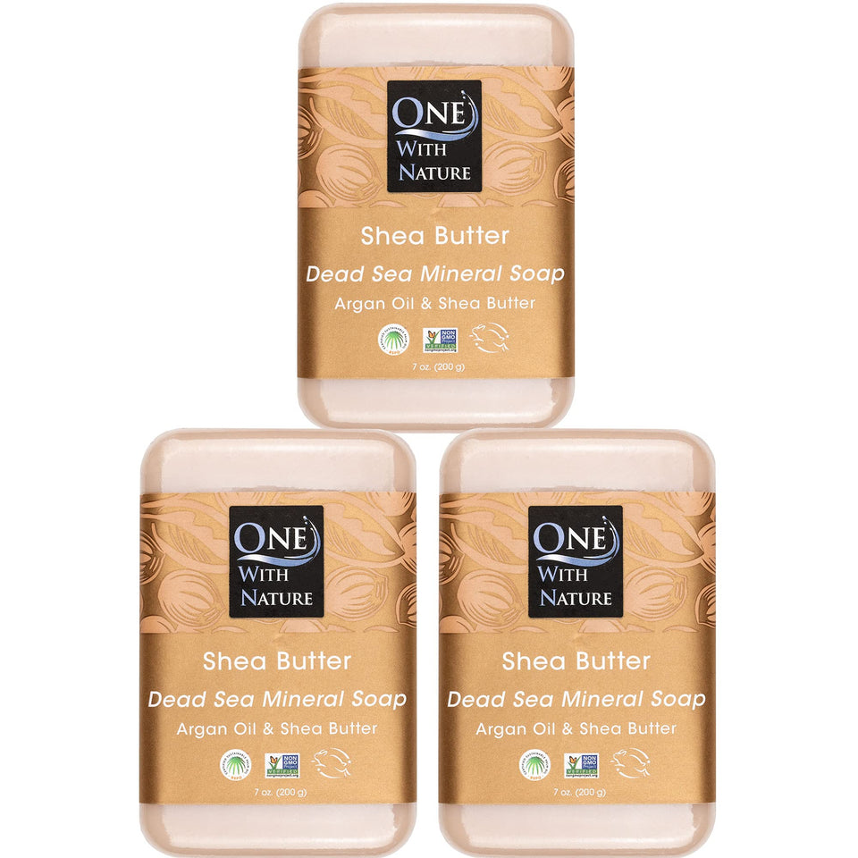 One With Nature soap front packaging showing three 7oz bars and sustainable box benefit