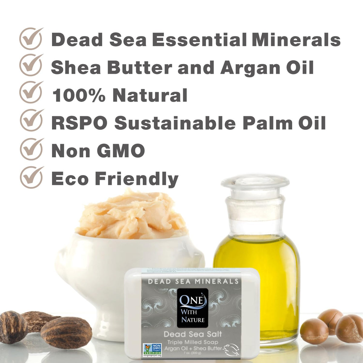 One With Nature ingredient flatlay with shea butter and argan oil benefits