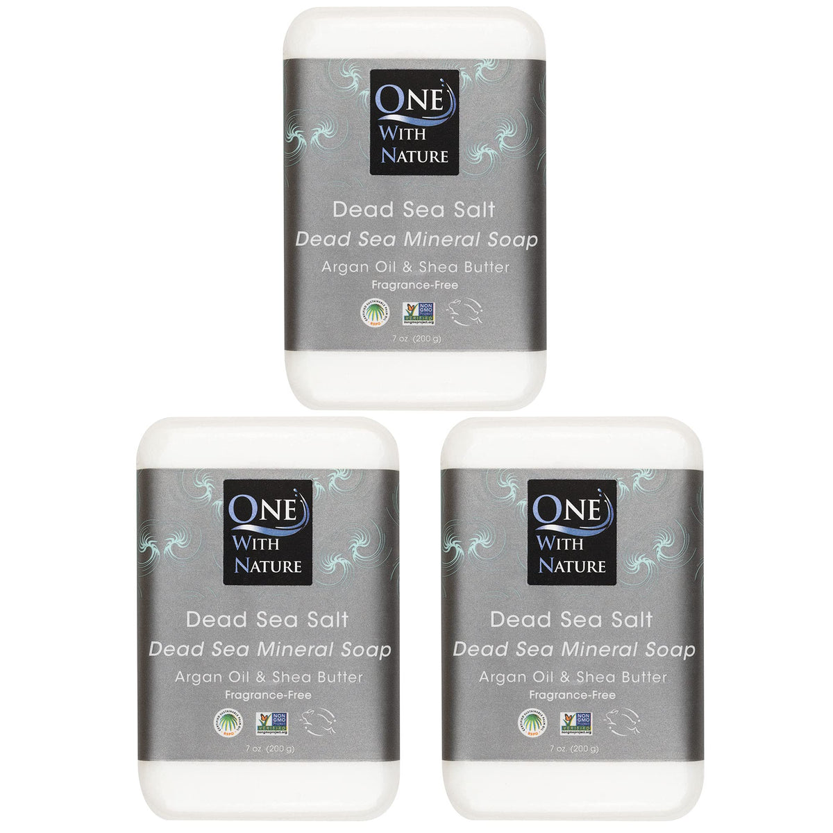 One With Nature front packaging showing three unscented bars and benefits