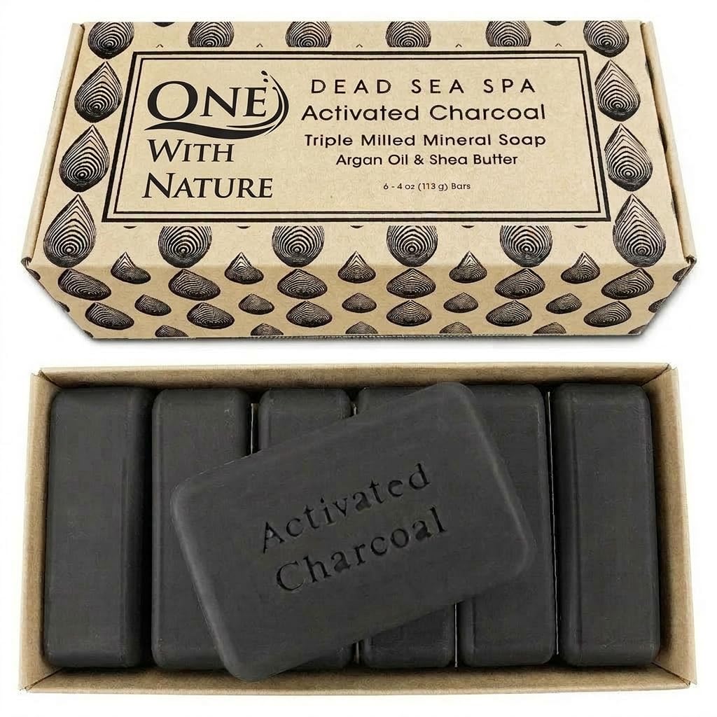 One With Nature front packaging showing six boxed charcoal soap bars and gift box benefit elegant presentation