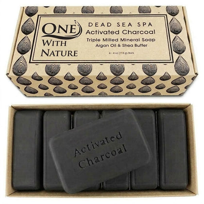 One With Nature front packaging showing six boxed charcoal soap bars and gift box benefit elegant presentation