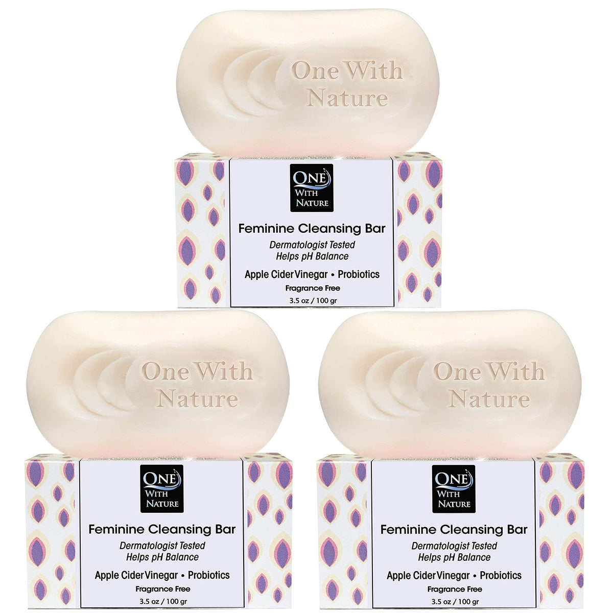 One With Nature front packaging showing three fragrance-free bars and clear labeling benefit