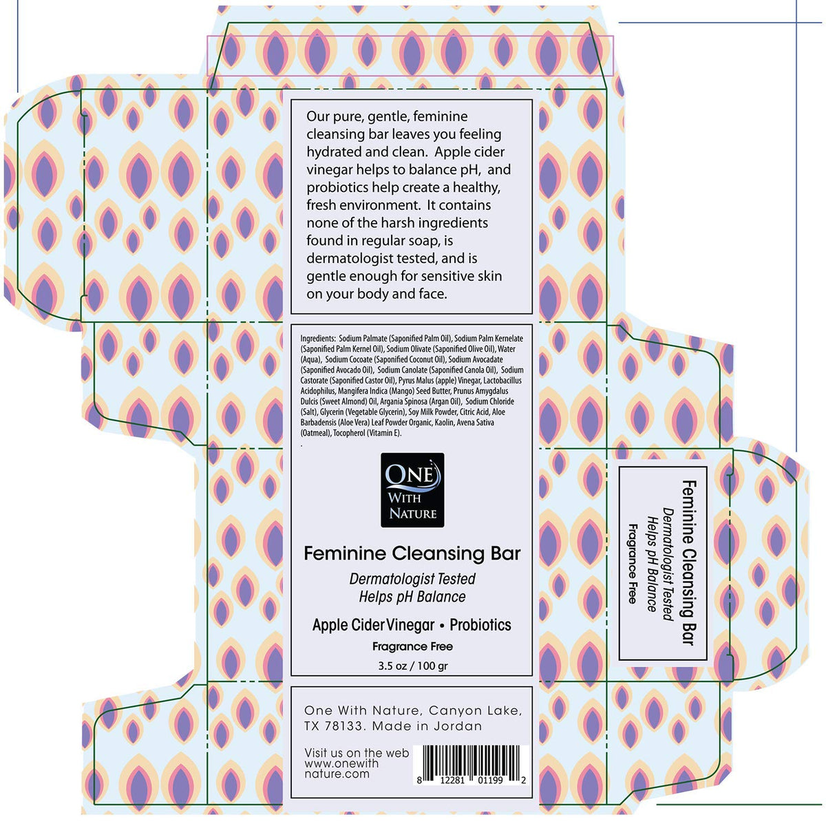 One With Nature label close-up highlighting probiotic, oatmeal, and omega fatty acids benefits