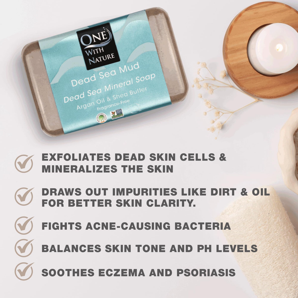 One With Nature soap close-up texture revealing mineral-rich mud and gentle exfoliation benefit
