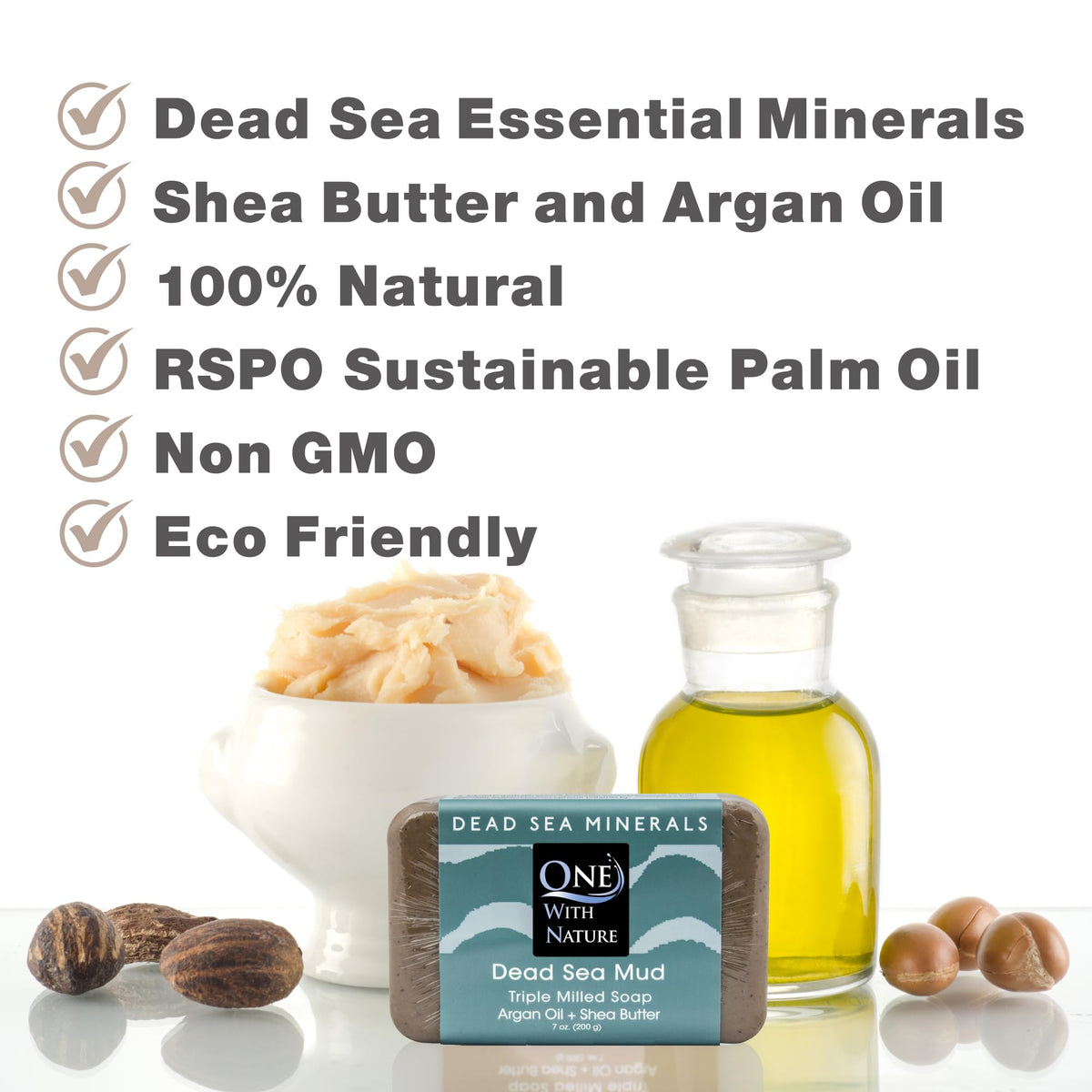 One With Nature soap lathered in hands illustrating gentle cleansing and softening benefit