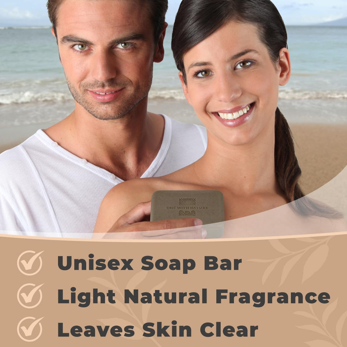 One With Nature soap next to ruler showing 7 oz bar size and travel/storage convenience