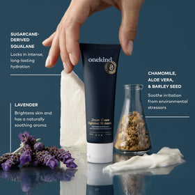 Onekind key ingredients rosehip squalane and shea butter arrayed to show nourishing benefits