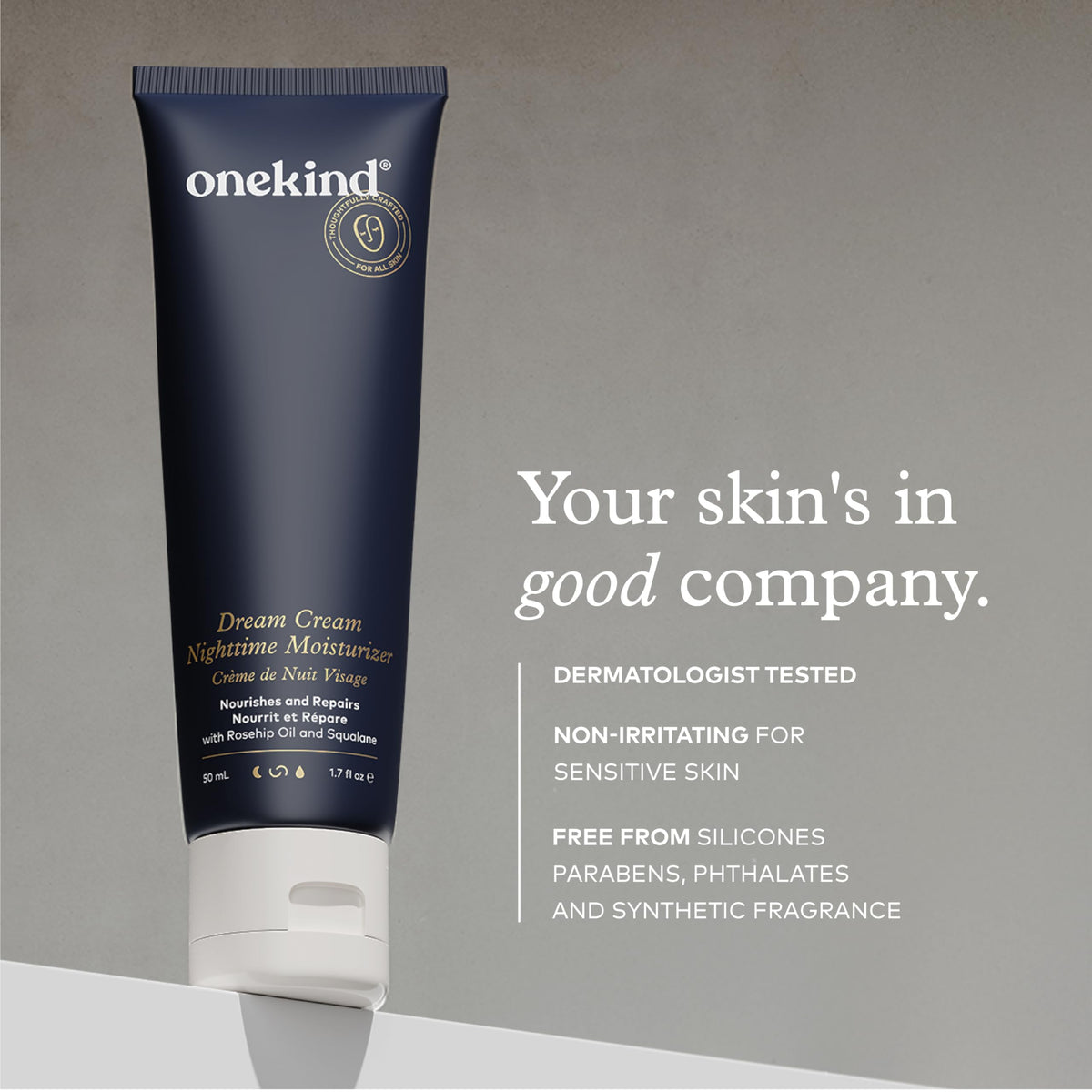 Onekind jar label close-up highlighting clean, fragrance-free formula and ingredient callouts