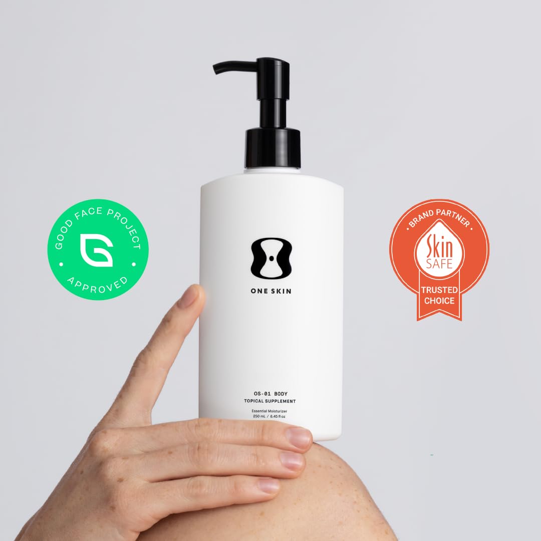 oneskin on bathroom shelf in lifestyle shot promoting daily routine benefit