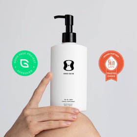 oneskin on bathroom shelf in lifestyle shot promoting daily routine benefit