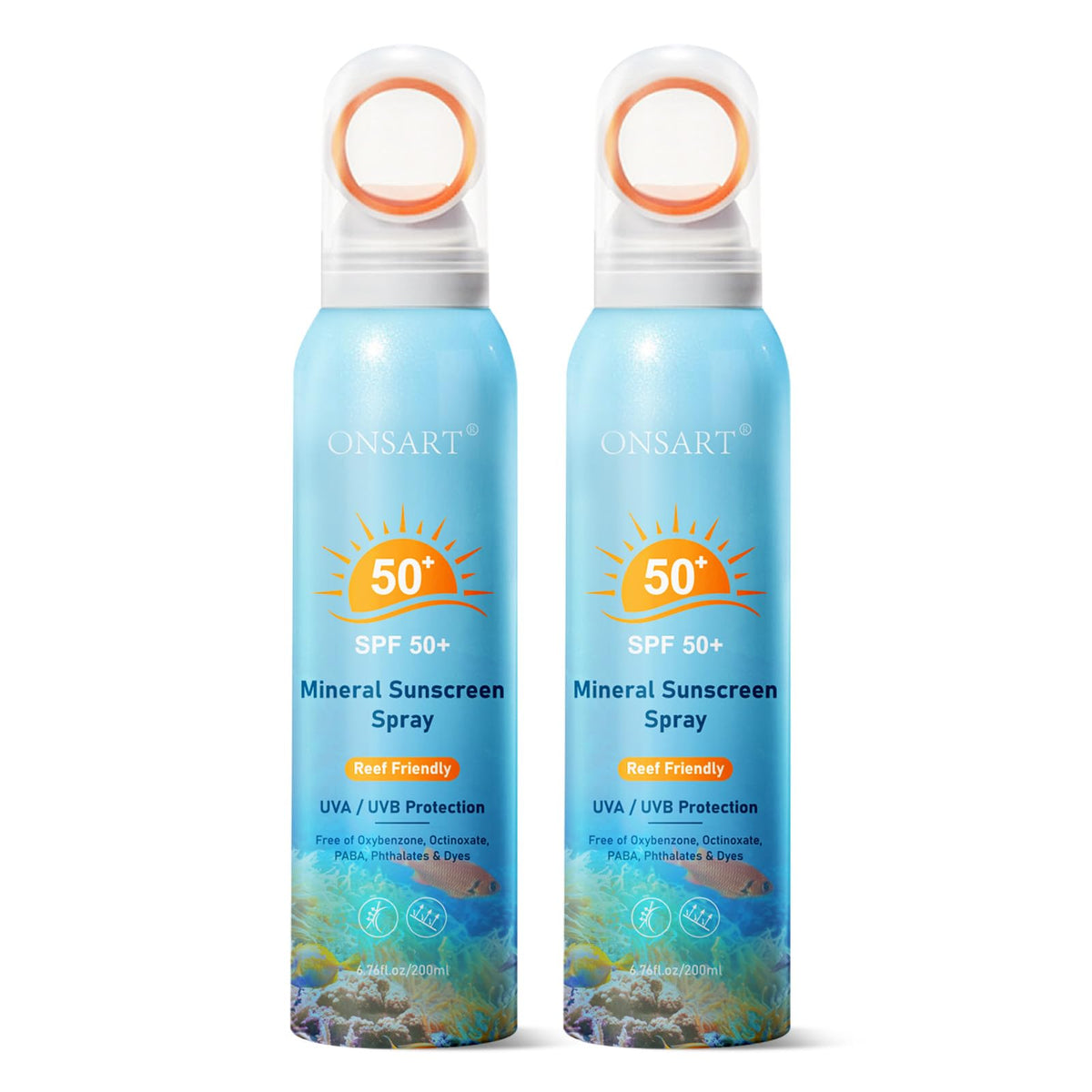 ONSART front packaging showing SPF 50+ and reef safe benefits