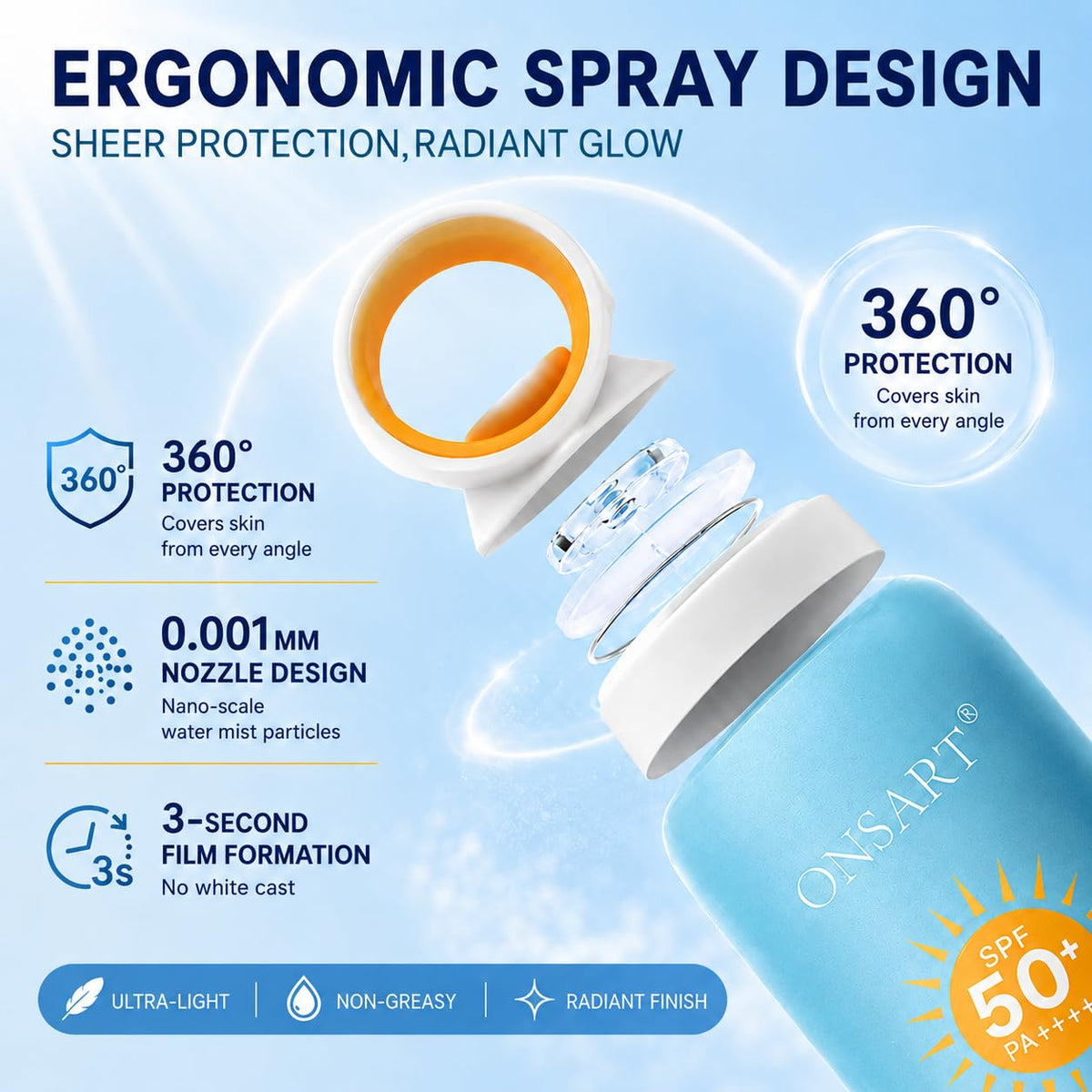 ONSART nozzle close-up mist technology for even quick coverage