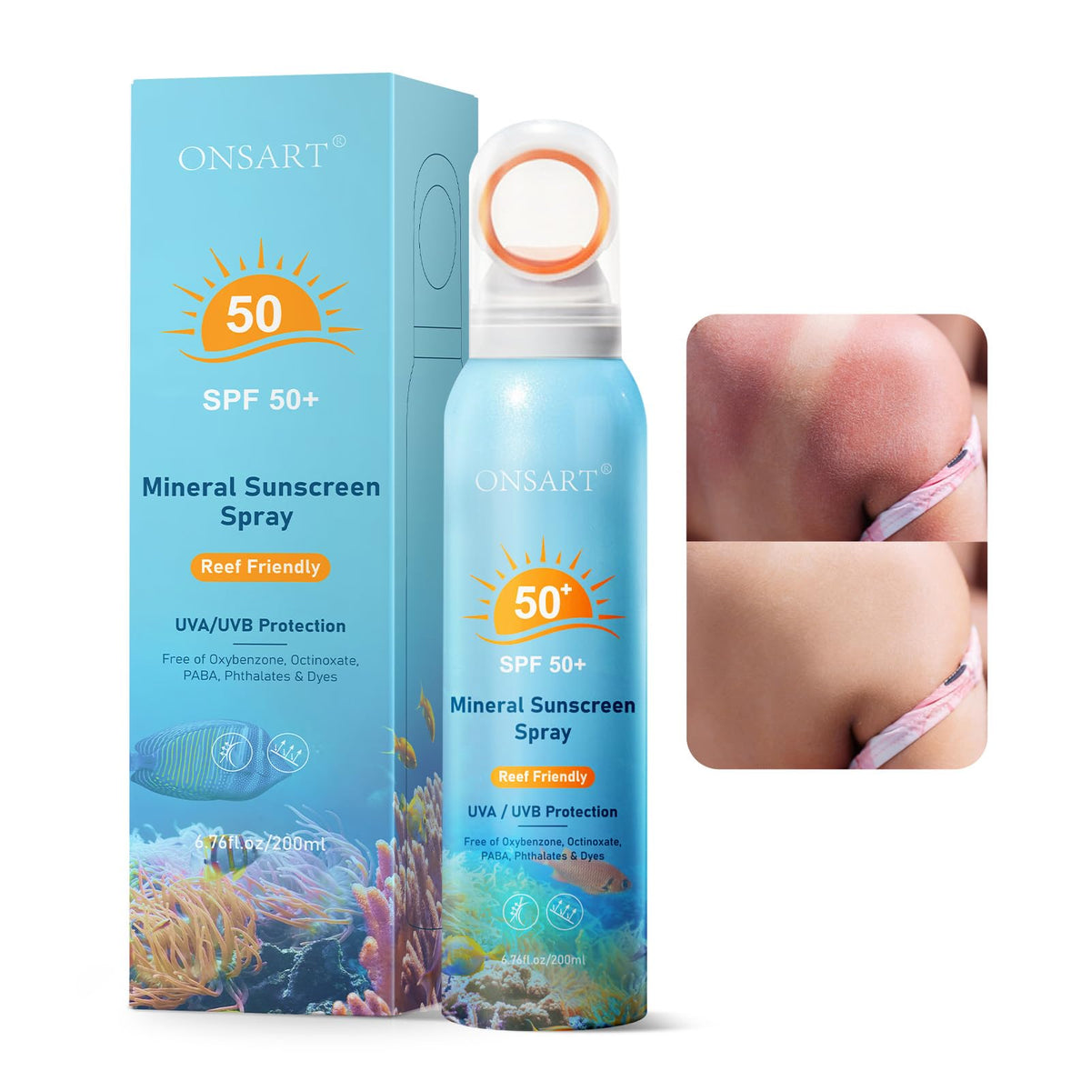 ONSART front packaging showing SPF 50 and reef-safe benefit