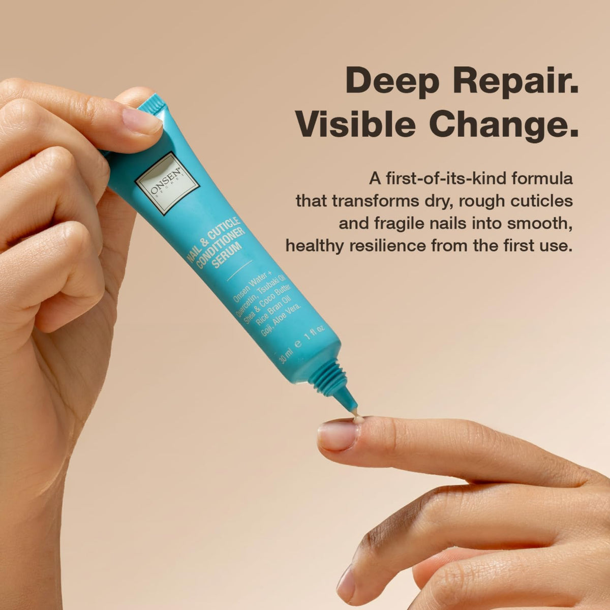 Onsen Secret being applied to cuticle showing hydration and softer-looking skin