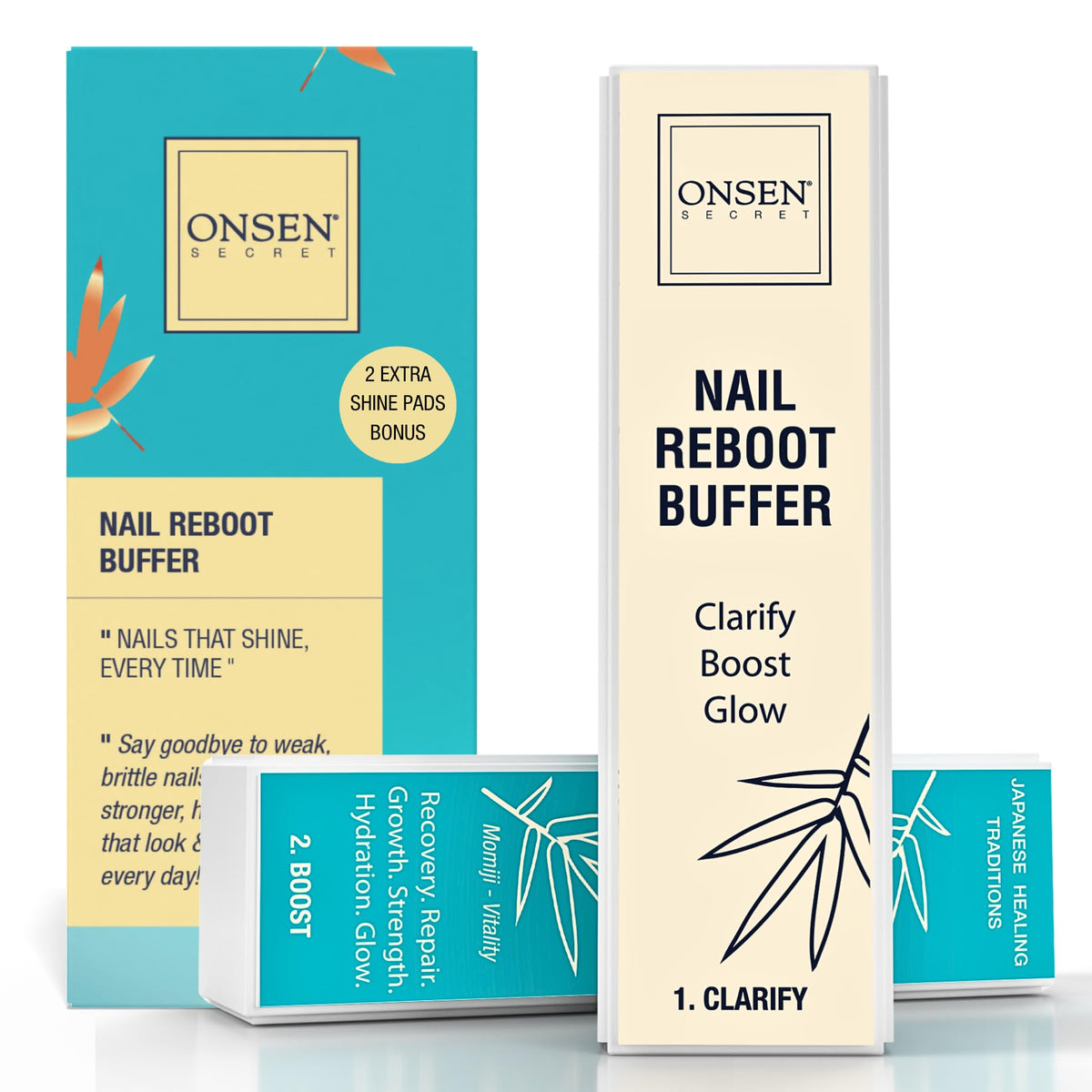 Onsen Secret front packaging showing professional buffer and two extra pads for salon-quality results