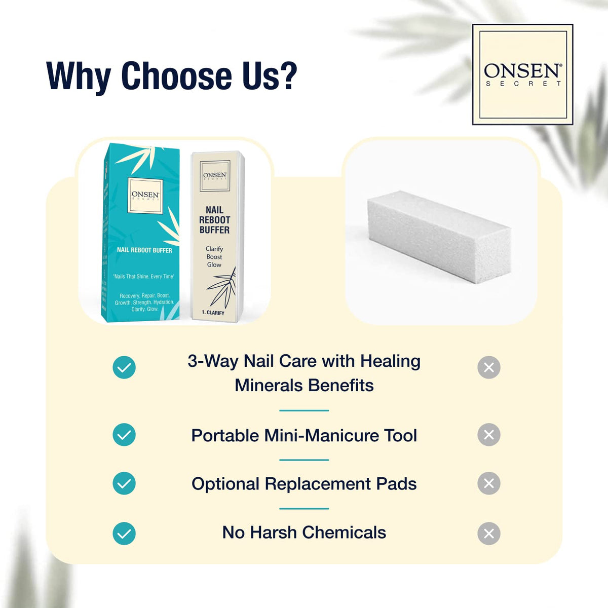 Onsen Secret buffer in use on fingernails demonstrating gentle smoothing and improved surface appearance