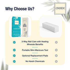 Onsen Secret buffer in use on fingernails demonstrating gentle smoothing and improved surface appearance