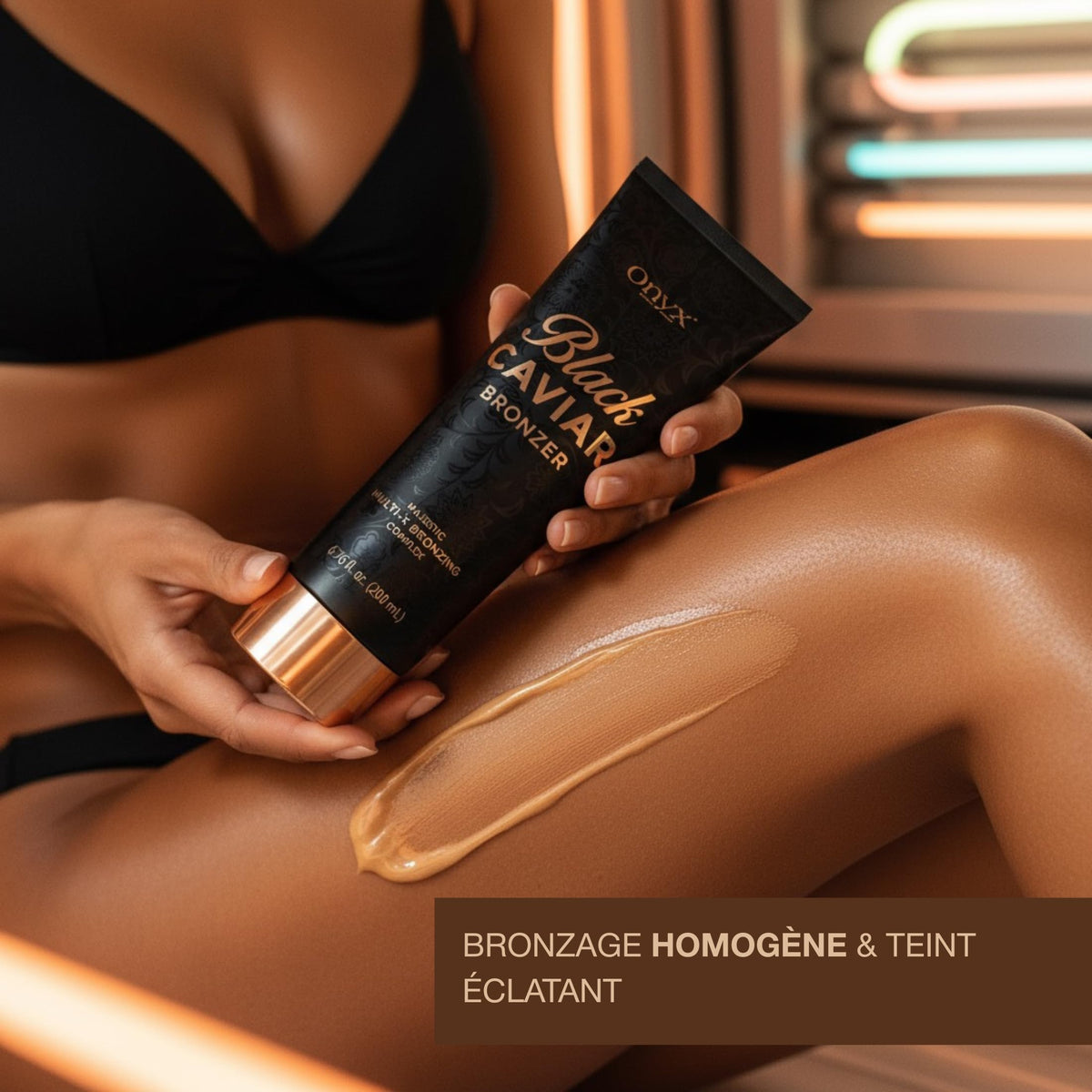Onyx after-tan skin closeup showing rich, even dark bronze