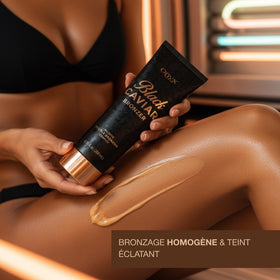 Onyx after-tan skin closeup showing rich, even dark bronze