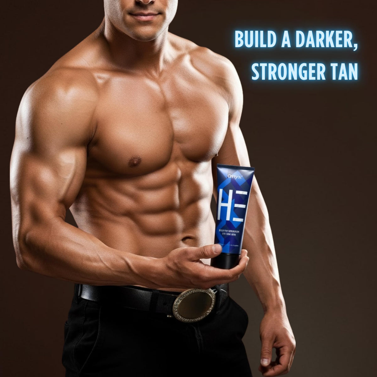 Onyx label close-up highlighting product features for faster tanning
