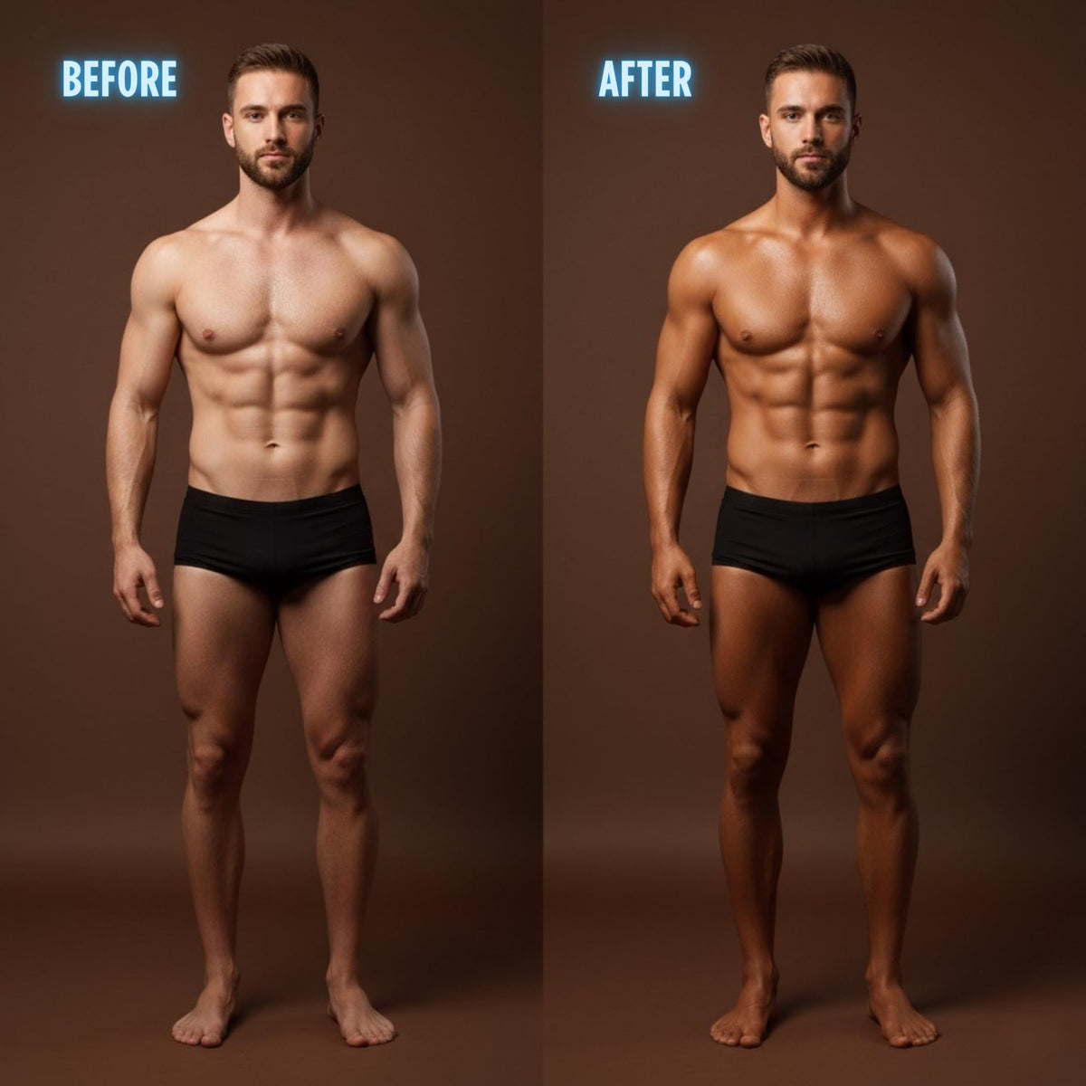 Onyx application on male torso showing muscle bronzing for defined look