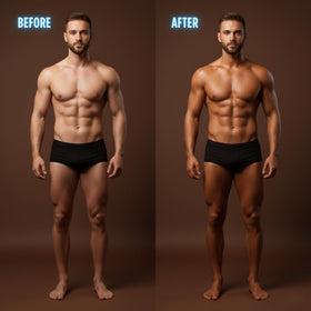 Onyx application on male torso showing muscle bronzing for defined look