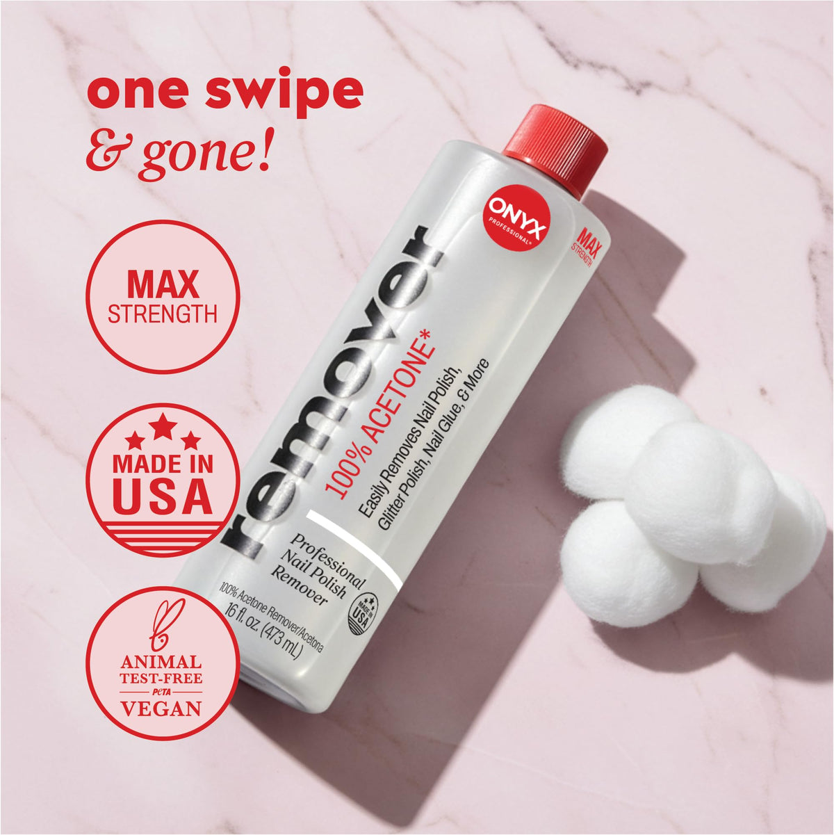 Onyx Professional label detail highlighting 100% pure acetone and made in USA