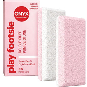 Onyx Professional pumice stone front pack shows two-piece set and benefits