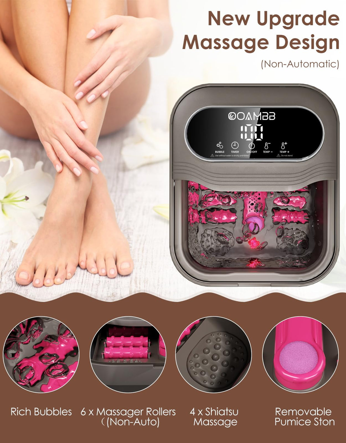 OOAMBB collapsed profile of foot spa for compact storage and convenience