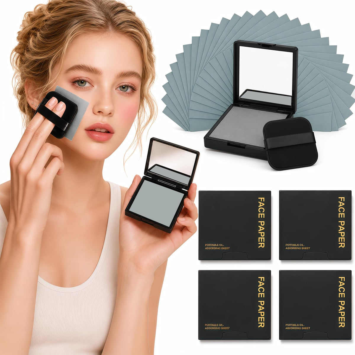 OOPPOO compact with mirror and blotting sheets for discreet shine control