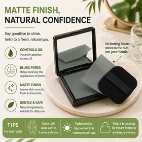 OOPPOO woman using compact mirror and sheet for fast on-the-go touch-up