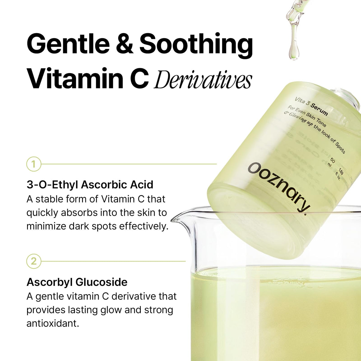 OOZNARY serum texture close-up, lightweight finish for fast absorption