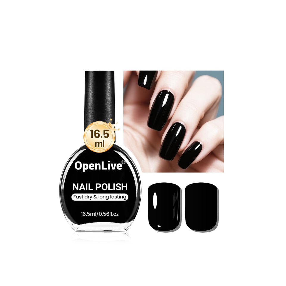 OpenLive bottle front packaging showing glossy black polish benefit long-lasting shine