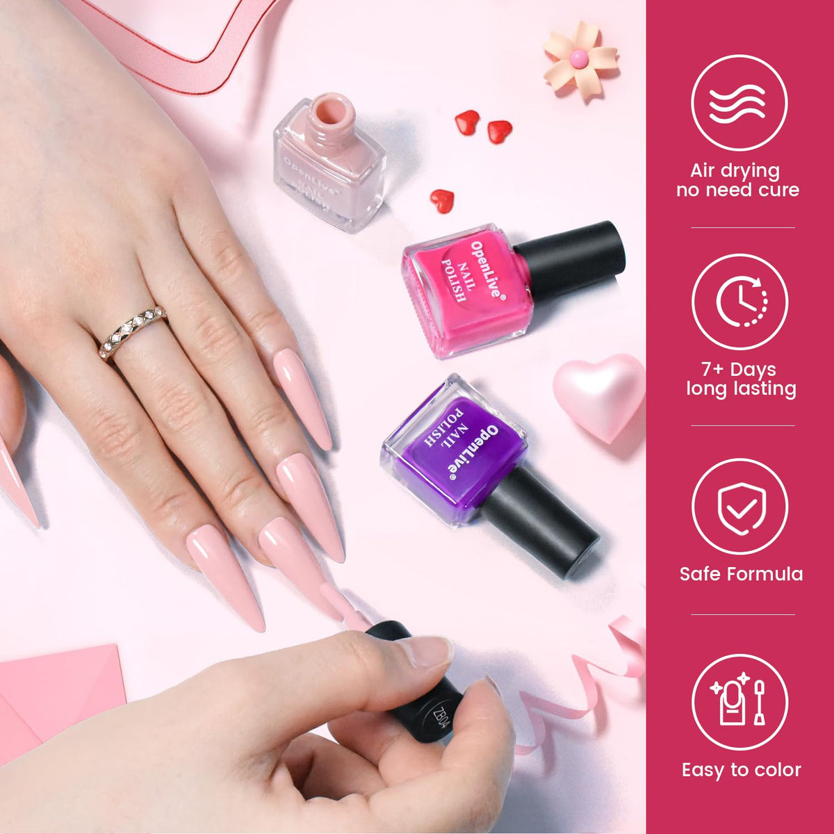 OpenLive brush stroke detail on nail showing smooth application and high-pigment payoff