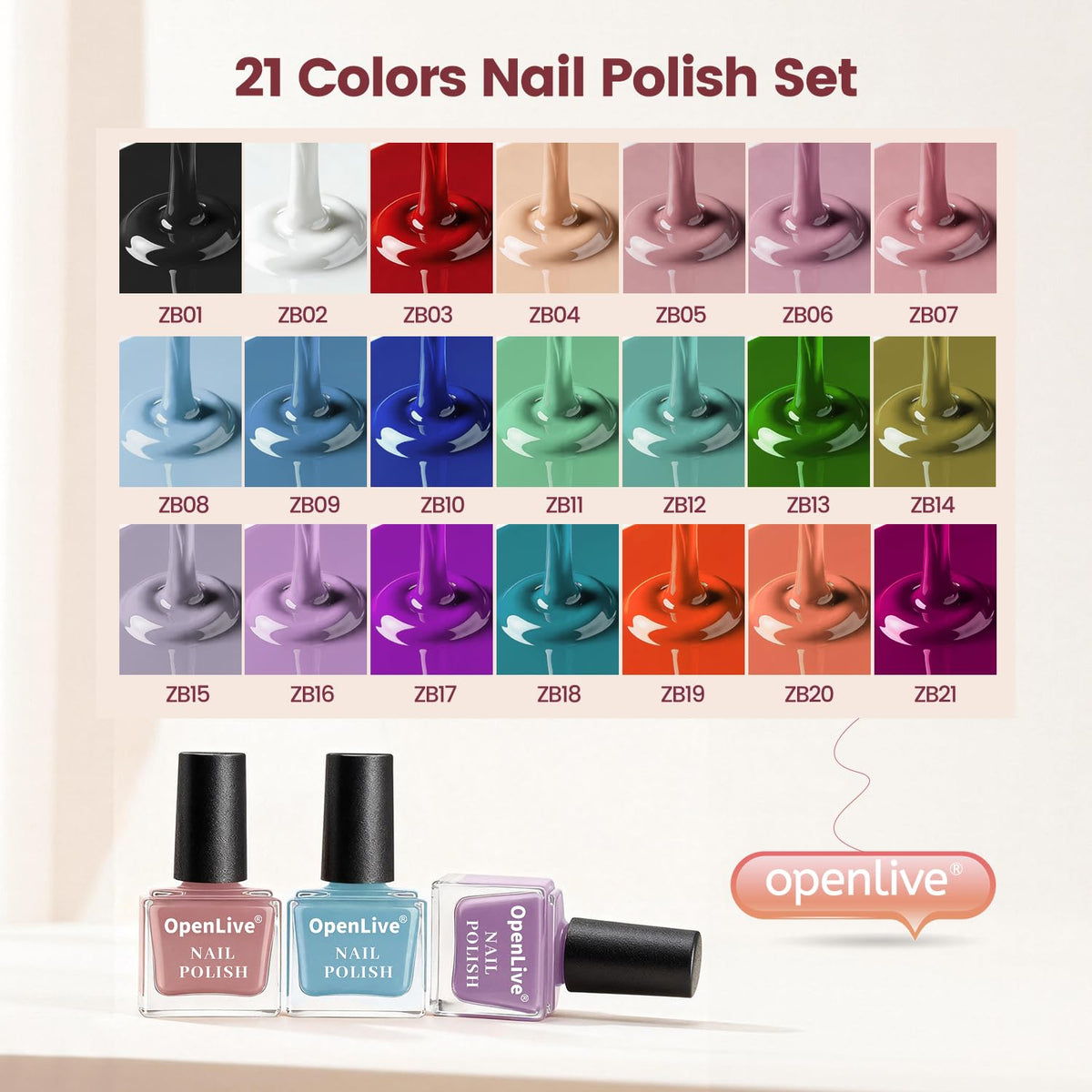OpenLive top view array of 24 shades spread out to display color variety and choice