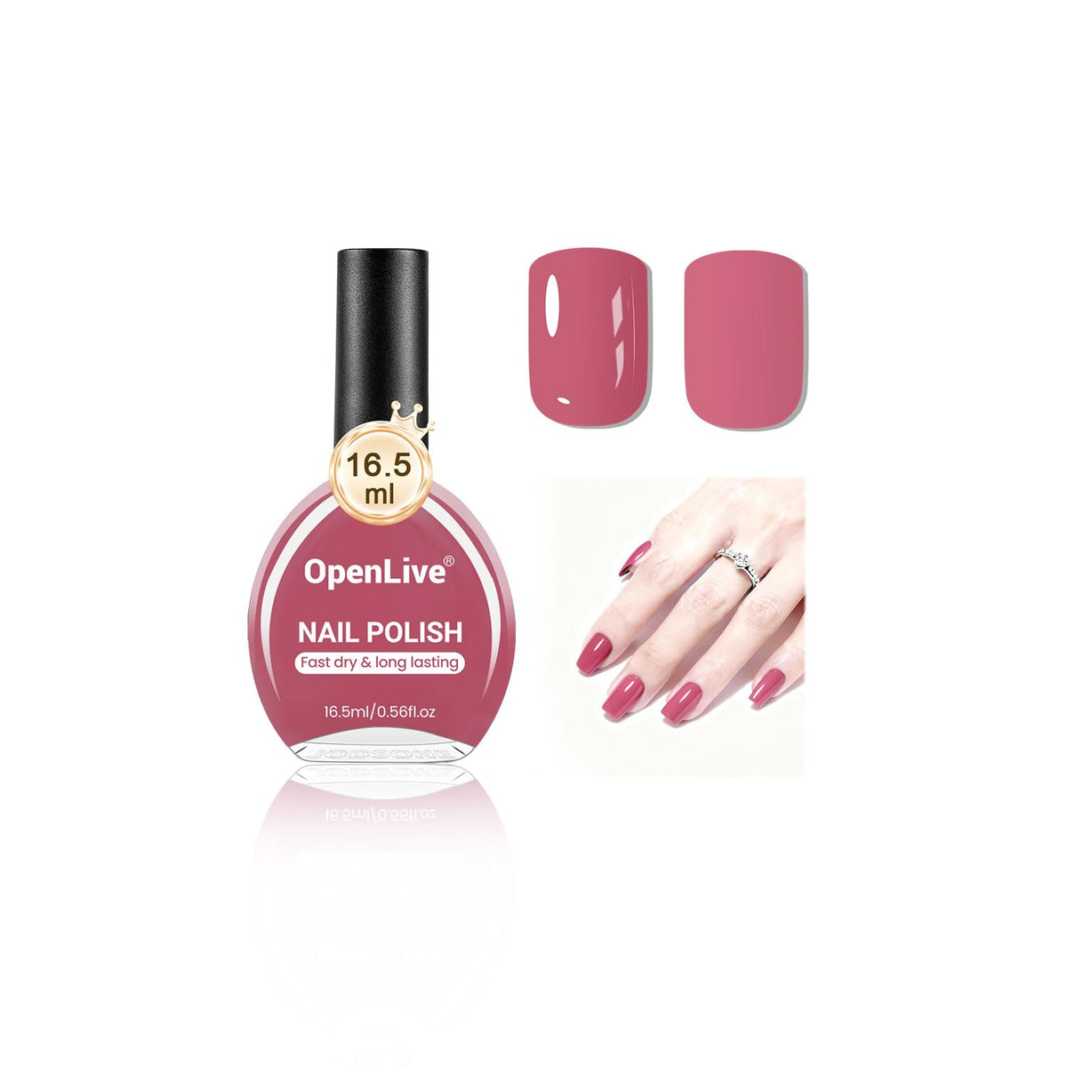 OpenLive bottle front view showing dark pink polish and glossy finish benefit