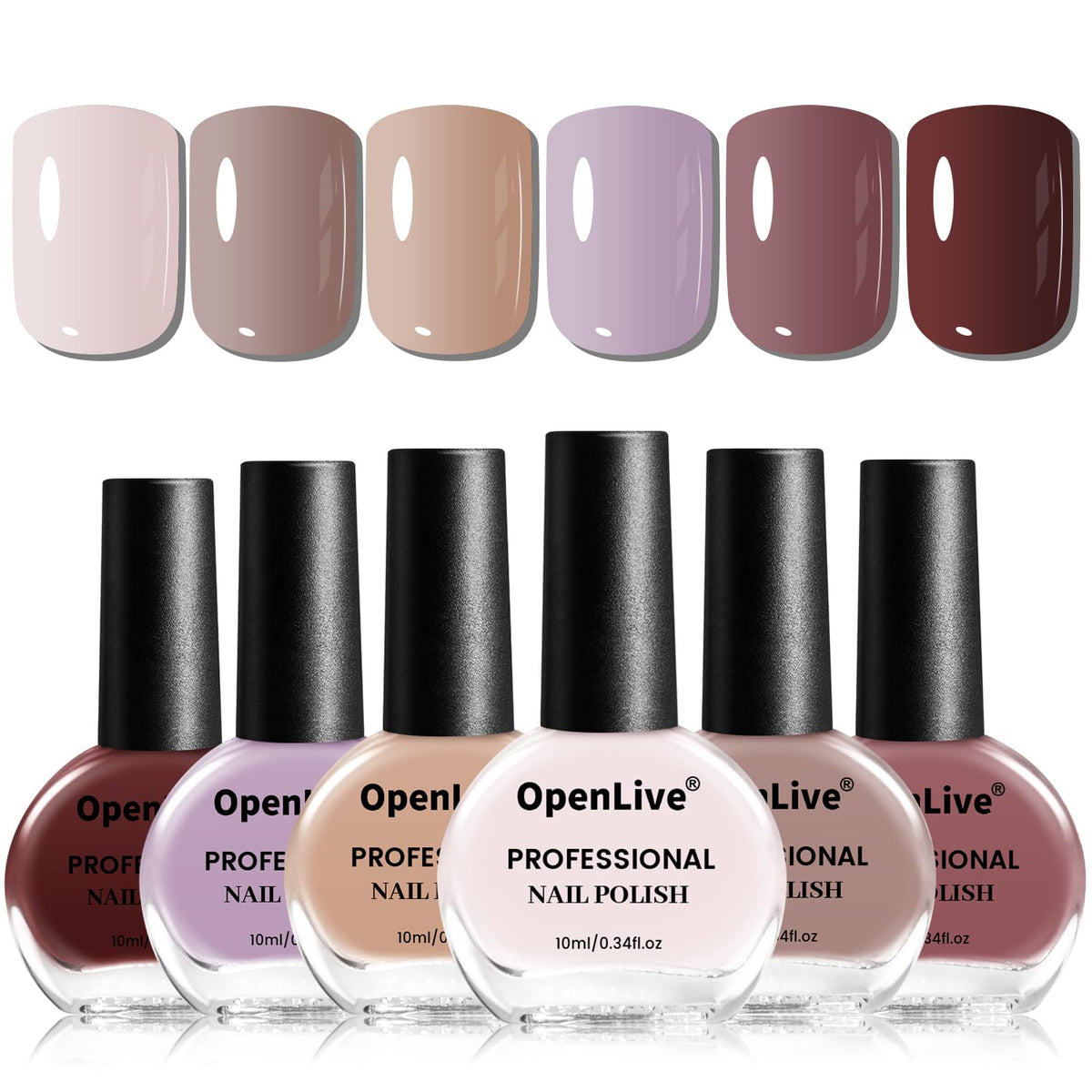 OpenLive front packaging showing six neutral quick-dry nail polishes and convenience