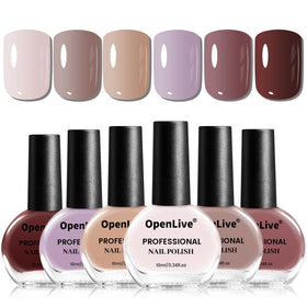 OpenLive front packaging showing six neutral quick-dry nail polishes and convenience