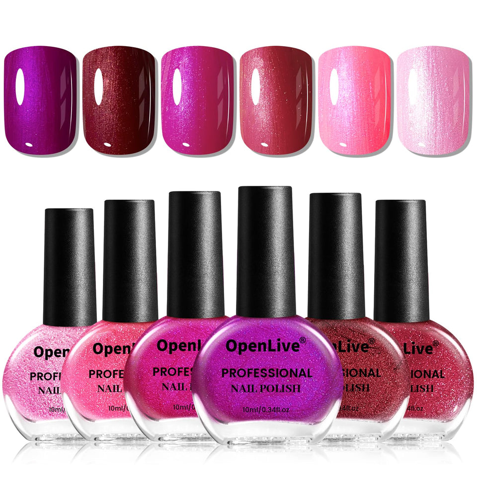 OpenLive front packaging showing six glitter nail polish bottles, showcases variety and convenience