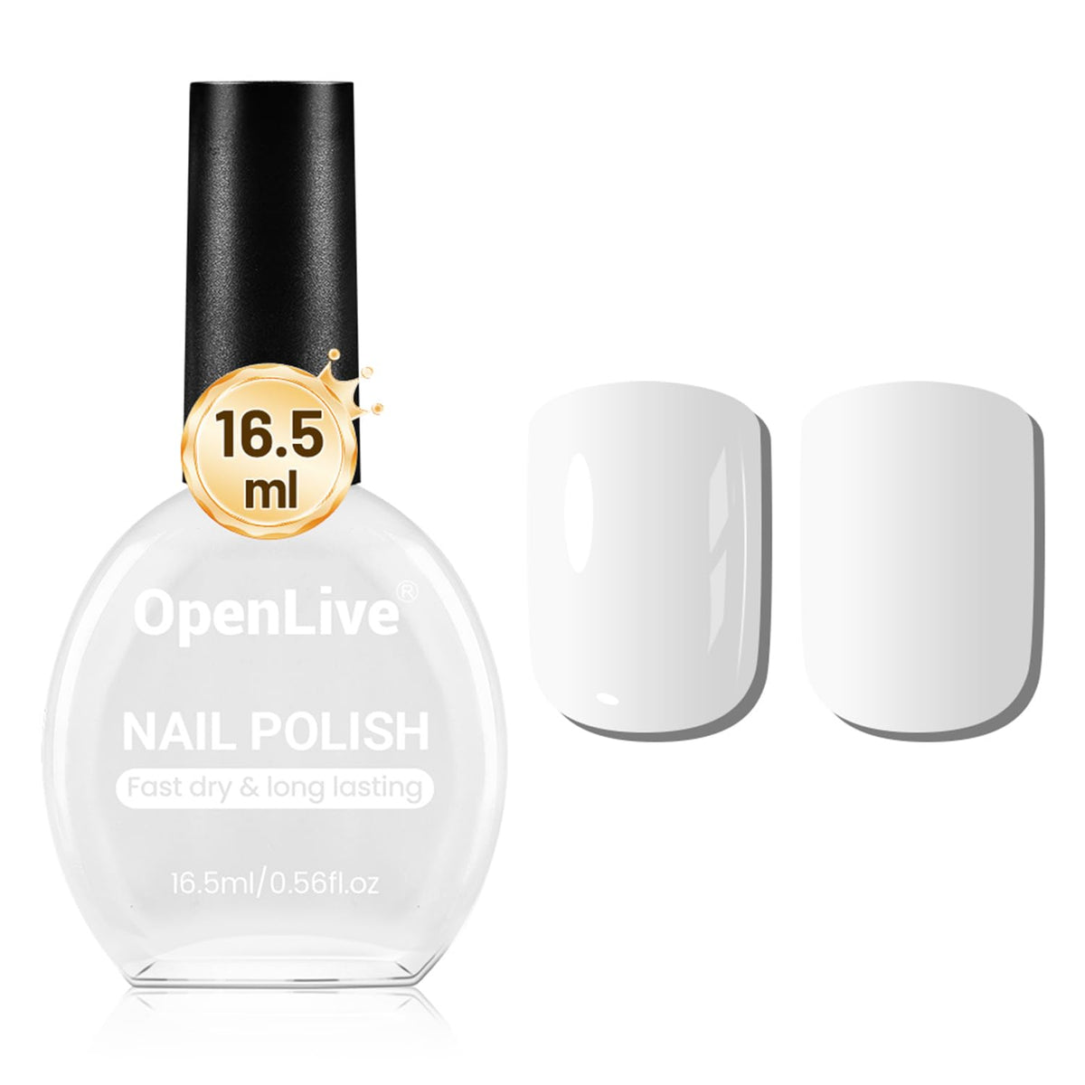 OpenLive front bottle shot showing pure white polish and generous 16.5ml volume benefit