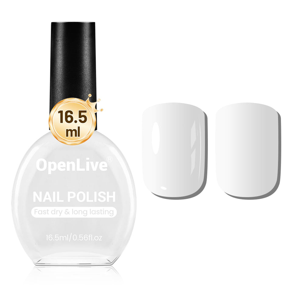OpenLive front bottle shot showing pure white polish and generous 16.5ml volume benefit