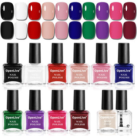 OpenLive front packaging showing all 12 bottles and included base and top coats with kit benefit