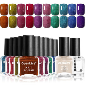 OpenLive front packaging showing full 12-color reflective polish set and gift-ready box benefit