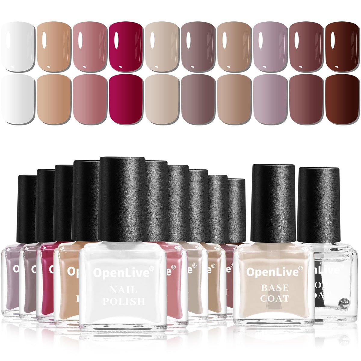 OpenLive front packaging showing all 12 bottles and included base and top coat for gifting benefit