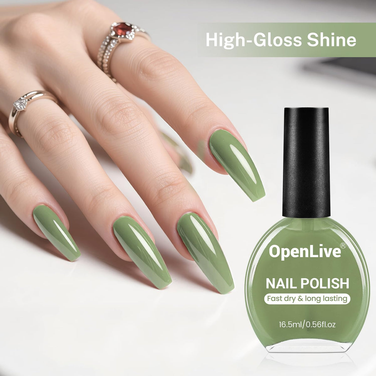 OpenLive swatch on skin displaying true sage green color and high-gloss finish