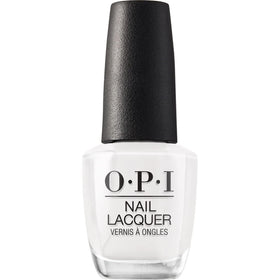 OPI Alpine Snow front bottle showing crisp white shade and label benefit