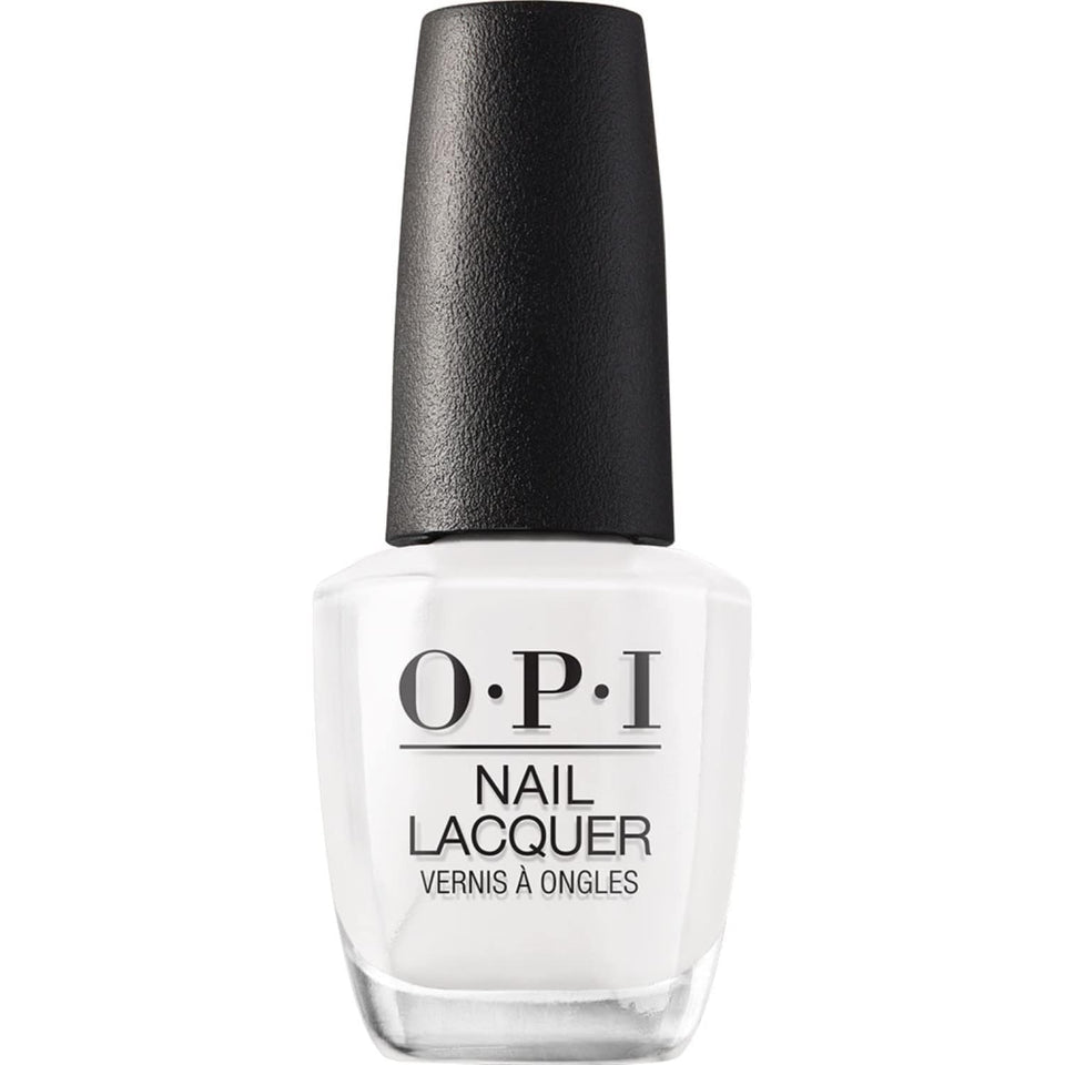 OPI Alpine Snow front bottle showing crisp white shade and label benefit
