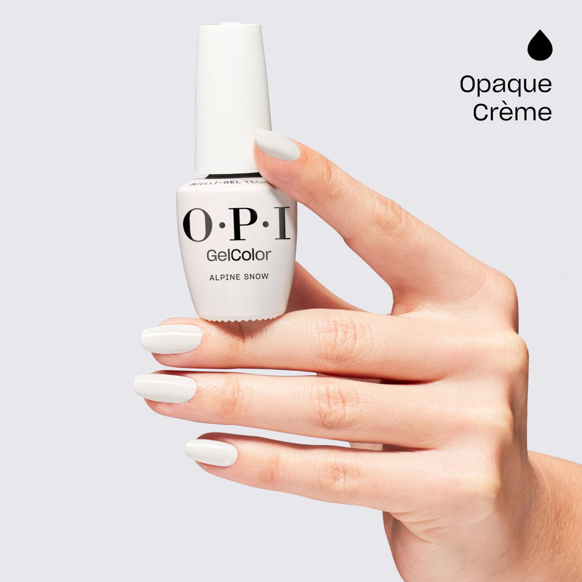 OPI nail swatch on hand showing crisp white coverage and clean look